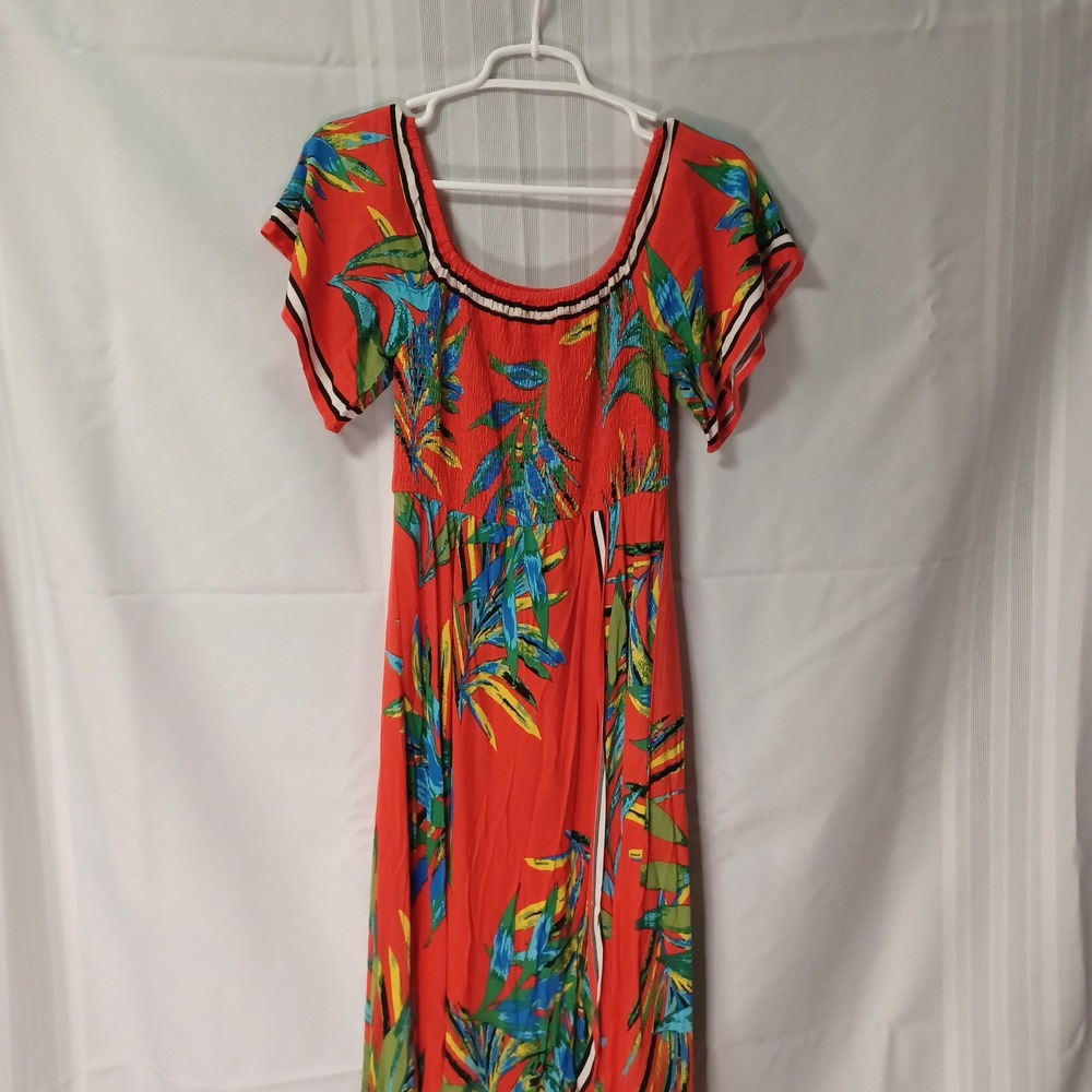 Jealous Tomato Maxi Dress Womens S Red Tropical Smocked Wrap High Low JD5571B-TM